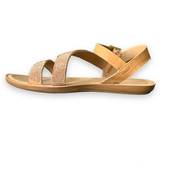 Vegan Leather Faux Rose Gold Rhinestone Detail Side Buckle Sandals - Picture 3 of 10